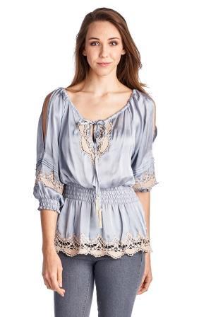 Urban Love Cold Shoulder Smocked Woven Top with Crochet Detail - WholesaleClothingDeals - 1