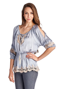 Urban Love Cold Shoulder Smocked Woven Top with Crochet Detail - WholesaleClothingDeals - 2