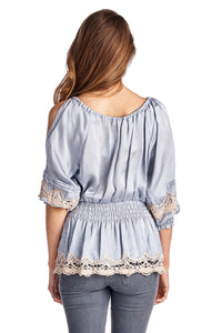 Urban Love Cold Shoulder Smocked Woven Top with Crochet Detail - WholesaleClothingDeals - 3
