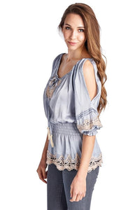 Urban Love Cold Shoulder Smocked Woven Top with Crochet Detail - WholesaleClothingDeals - 5