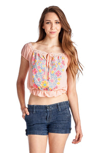 Urban Love Aztec Floral Embroidered Bell Sleeve Crop Top - WholesaleClothingDeals - 1
