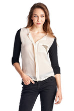 Urban Love Knit to Woven Colorblock Top with Pocket Heat Transfer - WholesaleClothingDeals - 1