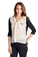 Urban Love Knit to Woven Colorblock Top with Pocket Heat Transfer - WholesaleClothingDeals - 2