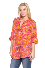 Women's 3/4 Sleeve Printed Chiffon Button Top