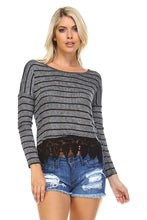 Marcelle Margaux Long Sleeve Stripe Hatchi Top with Crochet Front Hem -  - 2