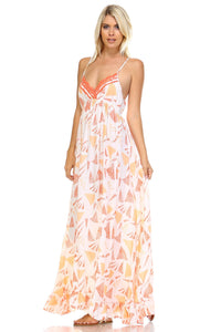 Marcelle Margaux Printed Tie-Back Maxi Dress w/Lace Trim -  - 7