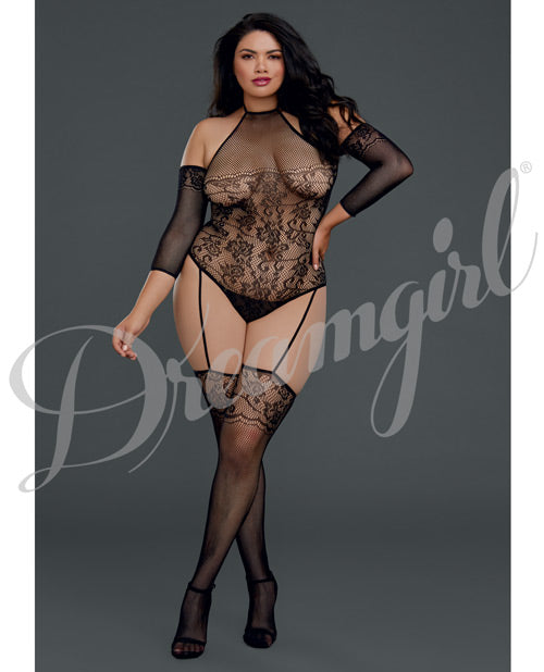 Floral Netted Teddy Bodystocking W-attached Thigh Highs Black Qn