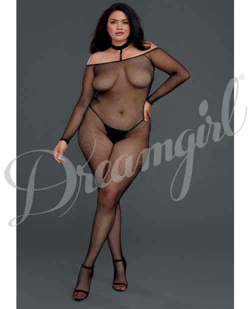 Fishnet Off The Shoulder Bodystocking W-attached Collar Black Qn