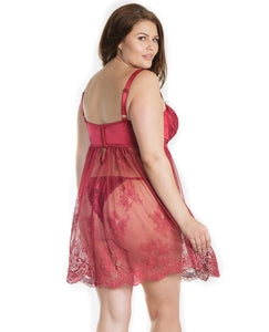 Lightly Padded Demi Cup & Fine Lace Skirt Babydoll & Adjustable Crotchless Panty Merlot 1x-2x