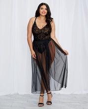 Stretch Lace Teddy & Sheer Mesh Maxi Skirt W-adjustable Straps & G-string Black 3x