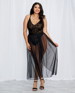 Stretch Lace Teddy & Sheer Mesh Maxi Skirt W-adjustable Straps & G-string Black 3x
