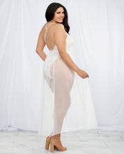 Stretch Lace Teddy & Sheer Mesh Maxi Skirt W-adjustable Straps & G-string White 1x