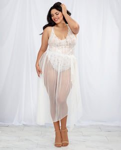 Stretch Lace Teddy & Sheer Mesh Maxi Skirt W-adjustable Straps & G-string White 1x