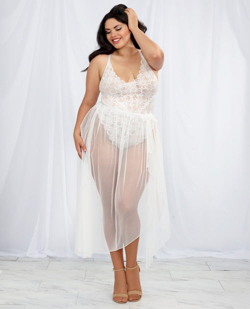 Stretch Lace Teddy & Sheer Mesh Maxi Skirt W-adjustable Straps & G-string White 1x