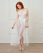 Stretch Lace Teddy & Sheer Mesh Maxi Skirt W-adjustable Straps & G-string White Md