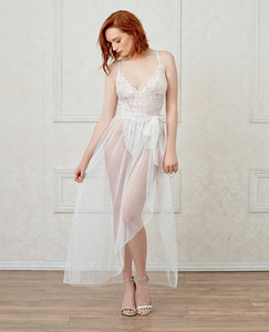 Stretch Lace Teddy & Sheer Mesh Maxi Skirt W-adjustable Straps & G-string White Md