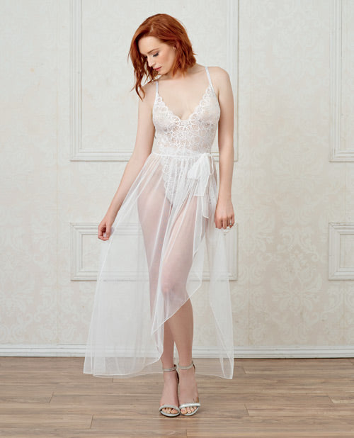 Stretch Lace Teddy & Sheer Mesh Maxi Skirt W-adjustable Straps & G-string White Xl