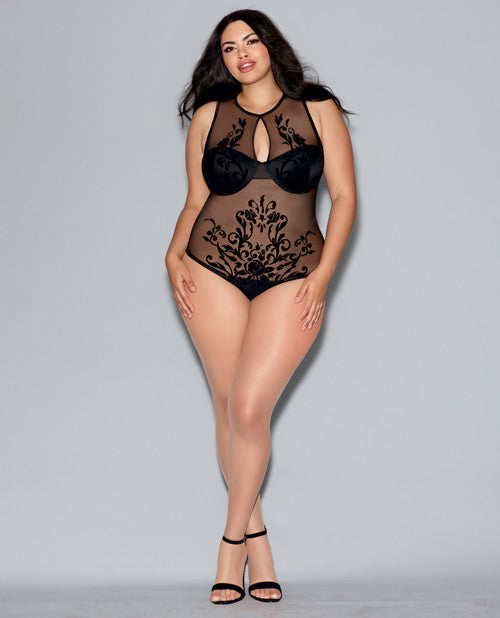 Plus Size Sheer Rose Motif Underwire Keyhole Overlay Teddy