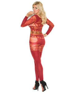 Vivace Long Sleeve Sheer & Opaque Bodystocking W-open Crotch Burgundy Qn