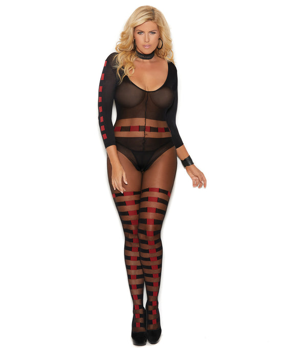 Vivace Sheer & Opaque Long Sleeve Bodystocking W-horizontal Stripes & Open Crotch Black O-q