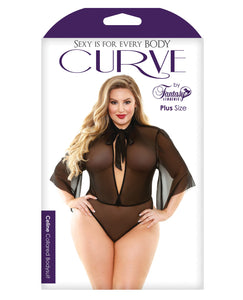 Curve Mesh Collared Bodysuit W-tie Neck Black 1x-2x