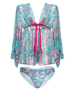 Spring-summer Floral Mesh Robe W-tie Front Floral 1x-2x
