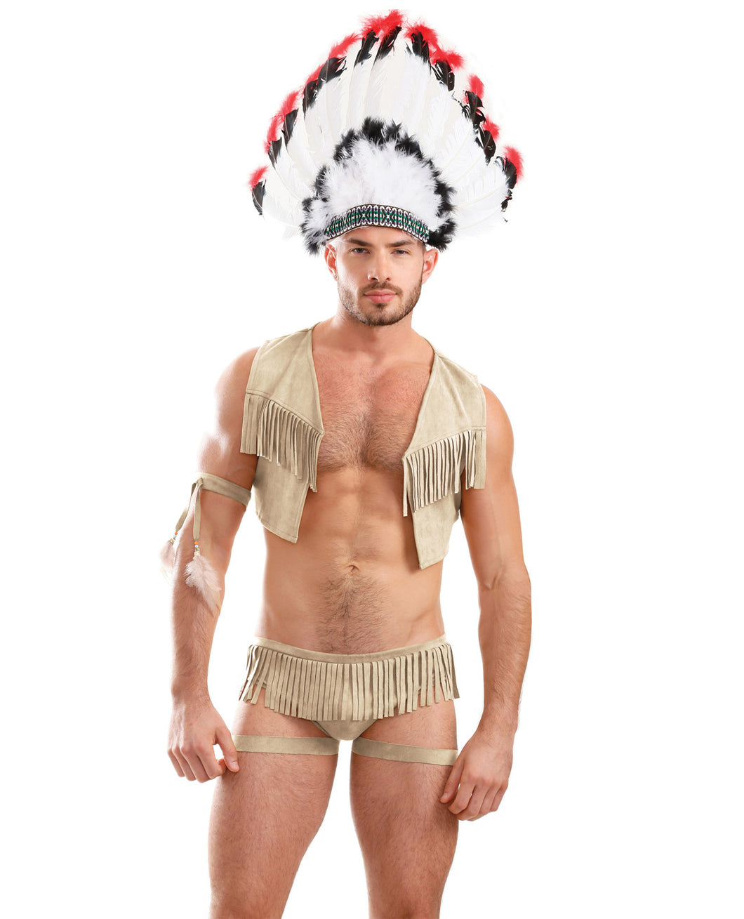 Mens Play On The Hunty Fringe Vest, Arm Band & Caged Underwear Beige Md