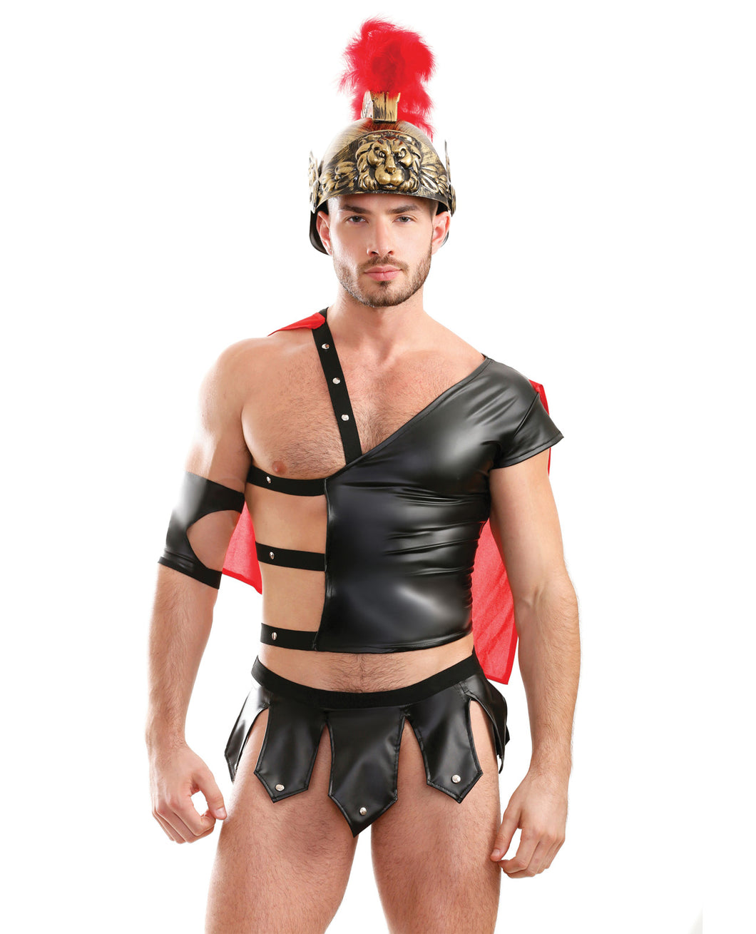 Mens Play Gluteus Maximus Trojan Harness Cape Top, Skirted Underwear & Arm Cuff Black Sm