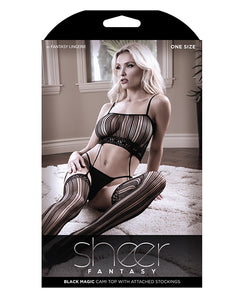 Sheer Fantasy Striped Gartered Bodystocking Black O-s