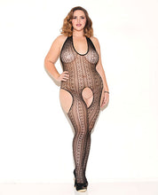 Haltered Patterned Open Crotch Bodystocking Black Qn