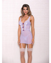 Lace & Mesh Chemise W-lightly Padded Underwire Cups, Garter & G-string Lavender Md