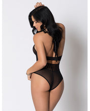 Halter Striped Mesh & Lace Teddy W-underwire Lace, Velvet Waistband & Lace Trim Black Md