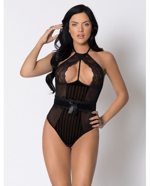 Halter Striped Mesh & Lace Teddy W-underwire Lace, Velvet Waistband & Lace Trim Black Sm