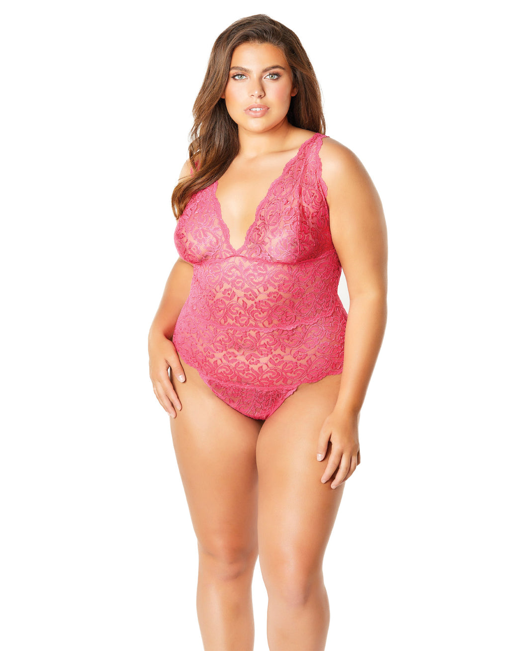 Soft Edged Galloon Lace Teddy W-adjustable Straps & Snaps Crotch Bright Rose 2x