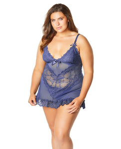 Soft Cup & Lace Babydoll W-g-string Blue Indigo 3x-4x