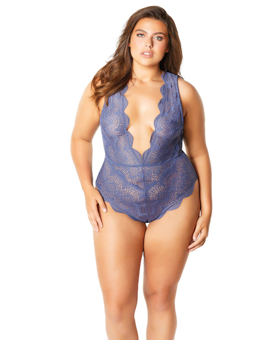 Floral Striped Lace Plunge Teddy Blue Indigo 4x