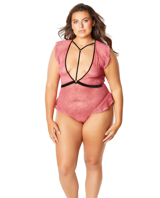 Flutter Sleeve Plunge Bodysuit W-velvet Edges & Harness Neckline Holly Berry-black 1x