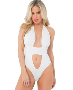 Pink Lipstick Deep Plunge Bodysuit White S-m