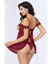 Lace & Mesh Open Cups Babydoll W-fly Away Back & Panty Wine Lg