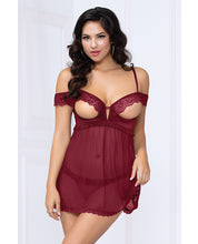 Lace & Mesh Open Cups Babydoll W-fly Away Back & Panty Wine Xl