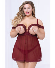 Lace & Mesh Open Cups Babydoll W-fly Away Back & Panty Wine 3x-4x