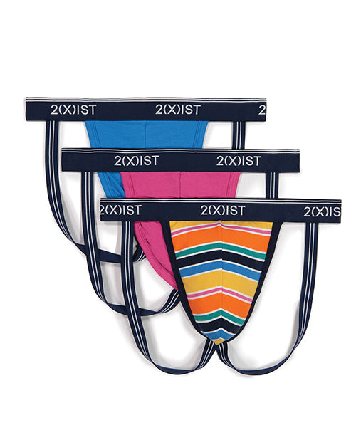 2xist 3 Pk Stretch Fashion Jock Strap Bright Stripe, Very Berry & Blue Aster Sm