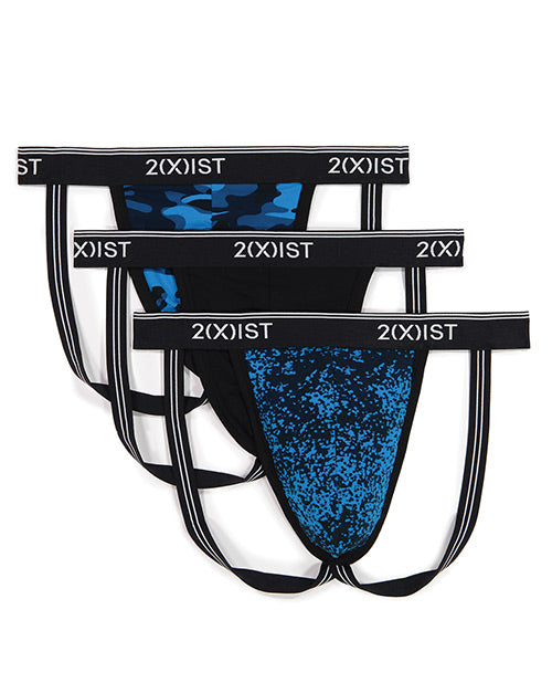 2xist 3 Pk Stretch Fashion Jock Strap Blue Dot, Black & Blue Camo Md