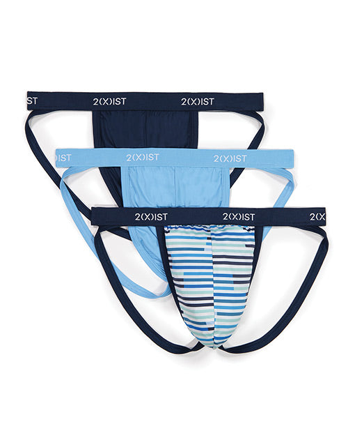 2xist 3 Pk Micro Speed Dri Jock Strap Navy, Sunset Stripe, & Alaskan Blue Lg