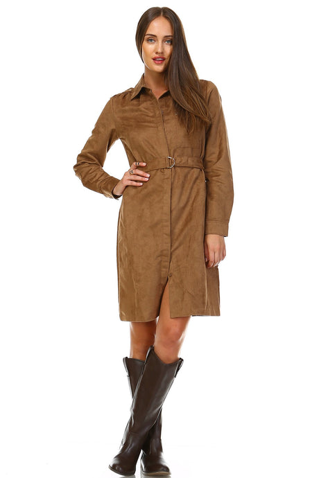 Sharagano Long Sleeve Suede Belted Dress -  - 1