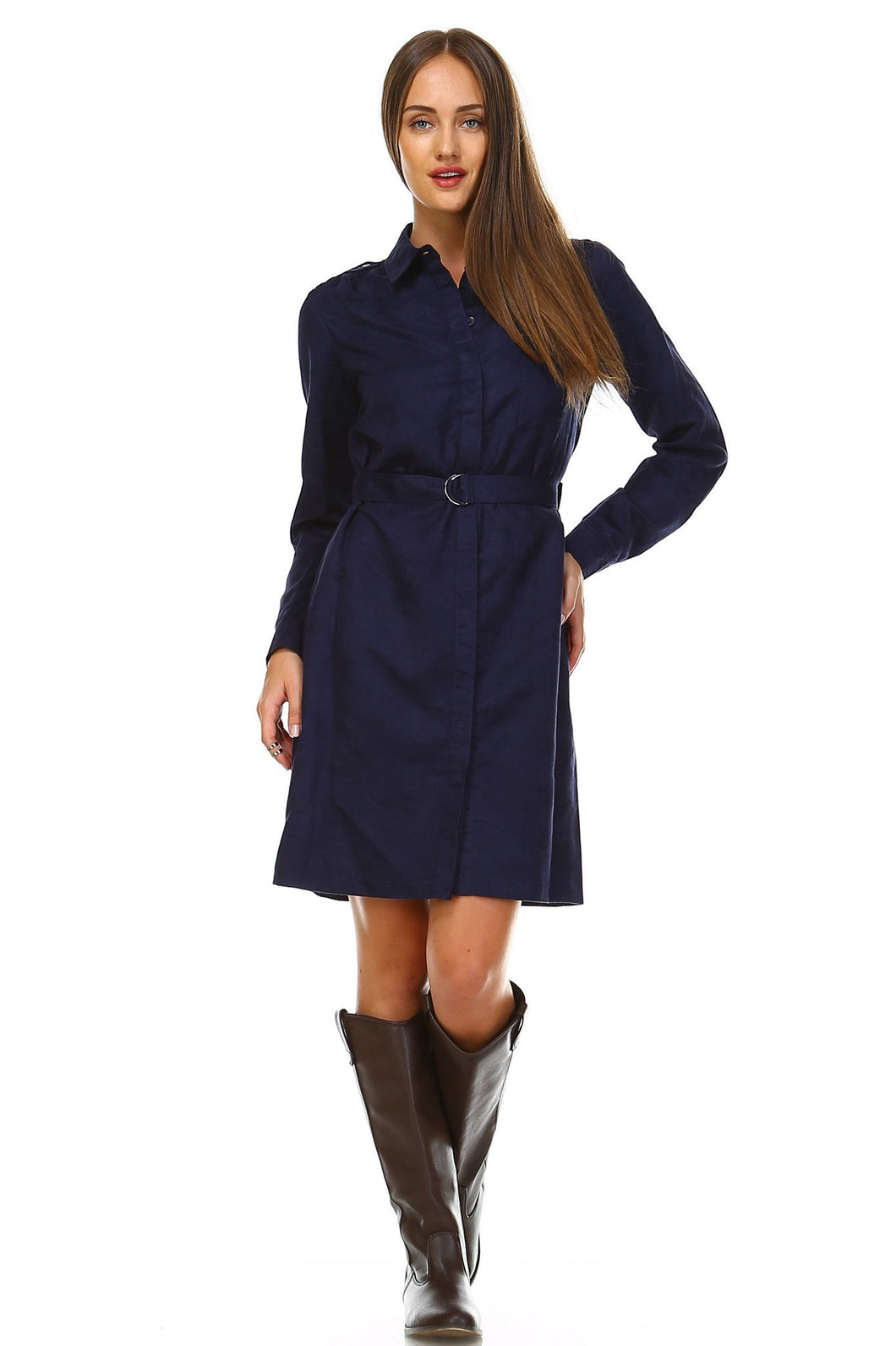 Sharagano Long Sleeve Suede Belted Dress -  - 5