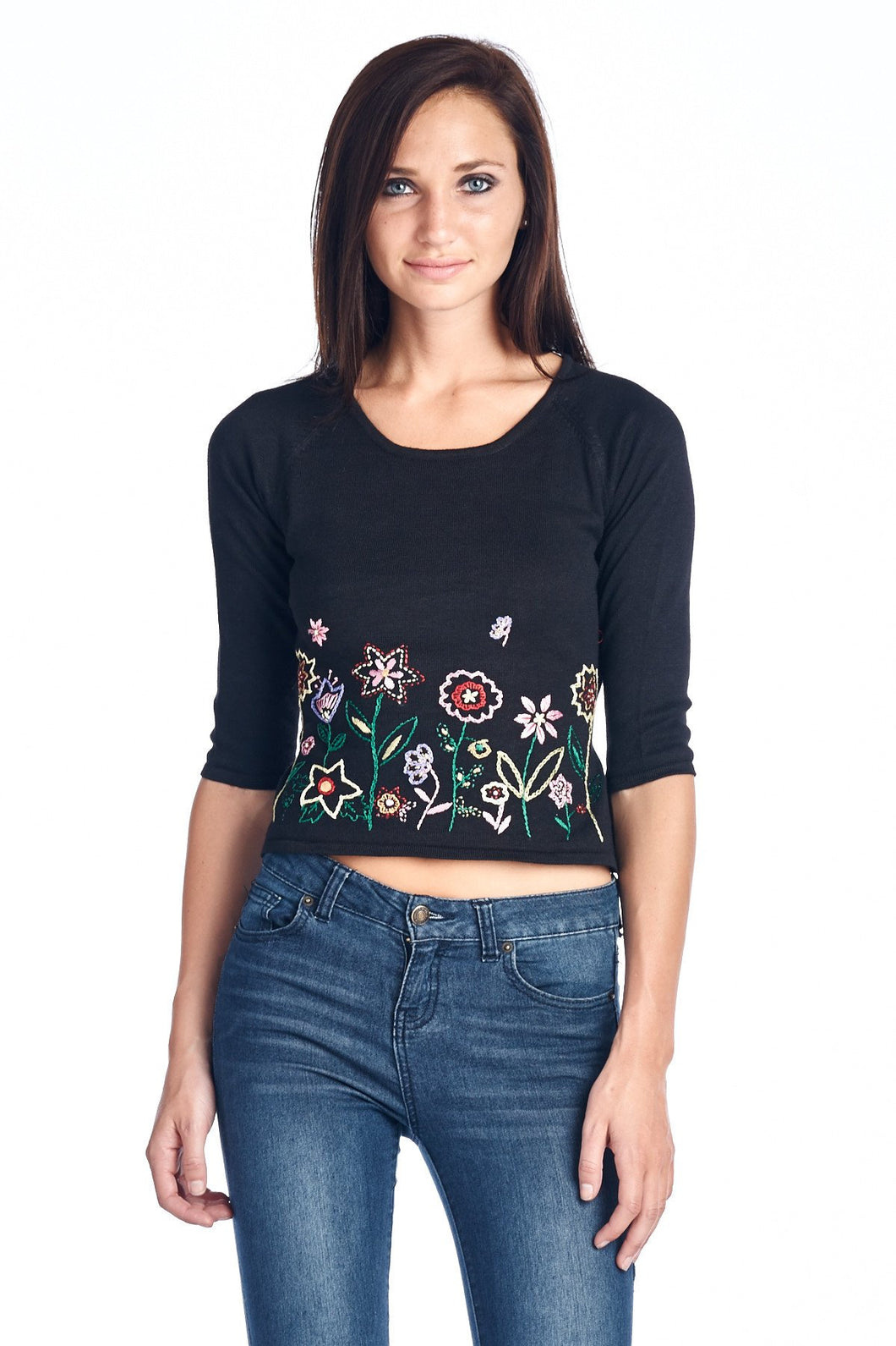 Bonnie & Bill Floral Embroidered Tie-Back Crop Sweater - WholesaleClothingDeals - 1