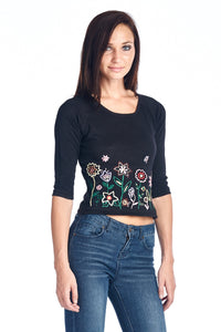 Bonnie & Bill Floral Embroidered Tie-Back Crop Sweater - WholesaleClothingDeals - 2