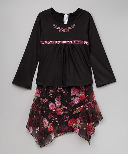 Jojo Belle Black & Pink Rose Tee & Handkerchief Skirt - WholesaleClothingDeals