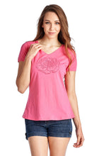 Christine V Short Sleeve Rose Embroidered V-Neck Tee - WholesaleClothingDeals - 13